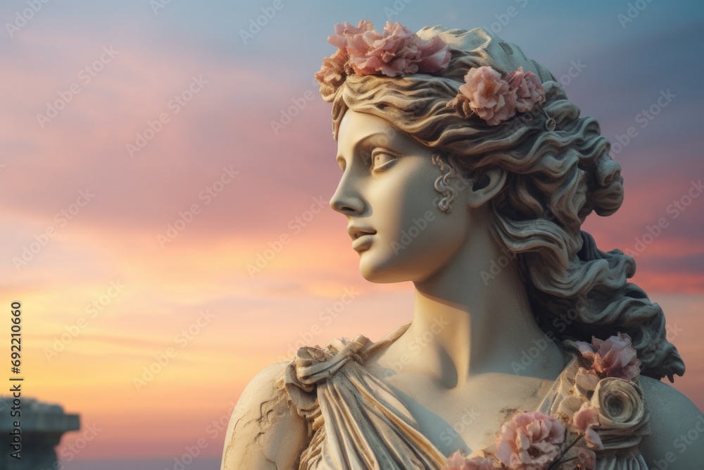 Poster a statue of a woman adorned with a crown of flowers. perfect for adding a touch of elegance and femi