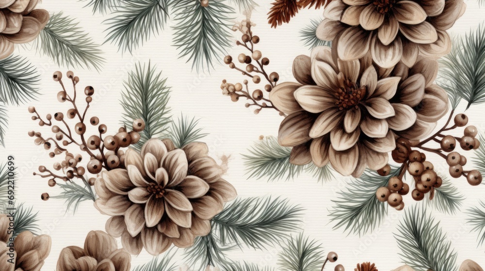 Poster floral and natural pattern featuring flowers and pine cones on a white background. suitable for vari