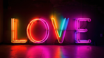 The text "LOVE" made out of colorful neons in front of a wall, - Powered by Adobe