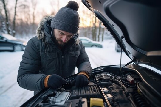 A man is seen working on a car engine in the snowy weather. This image can be used to depict car maintenance in winter conditions