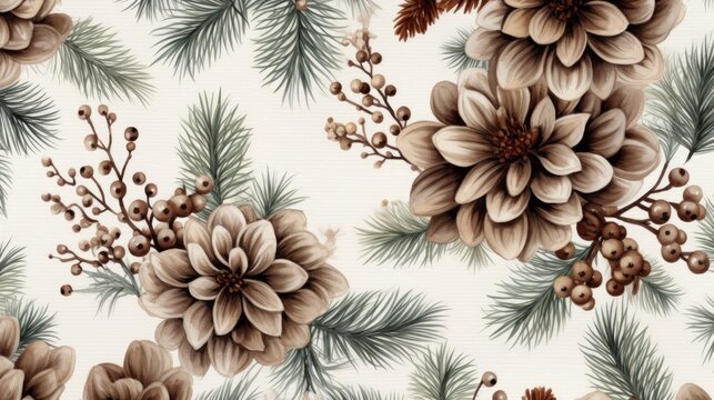 Fototapeta Floral and natural pattern featuring flowers and pine cones on a white background. Suitable for various design projects