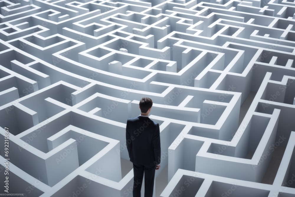Poster A man dressed in a suit stands confidently in front of a maze. This image can be used to represent challenges, problem-solving, decision-making, and finding one's way through complex situations