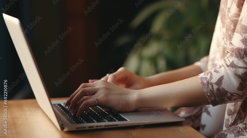 Poster a woman is seen typing on a laptop computer. this image can be used for various purposes