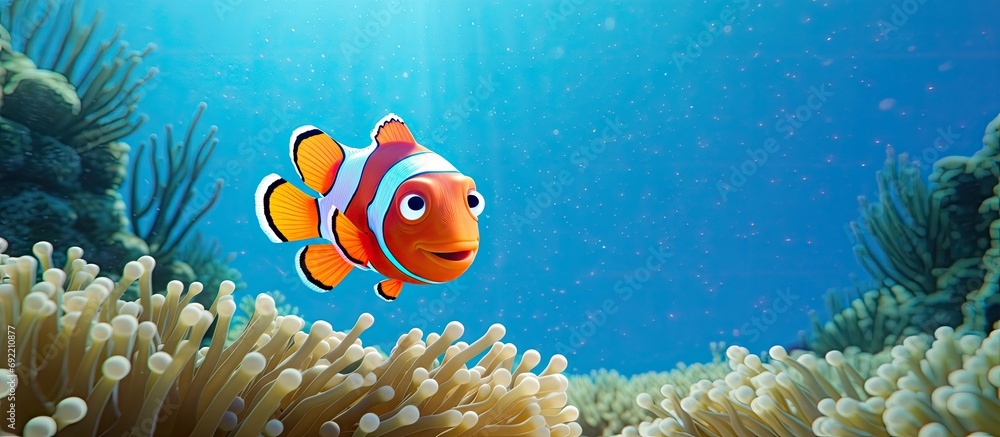Poster an anemone fish in front of his host anemone. copy space image. place for adding text or design