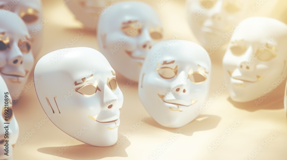 Poster White masks neatly arranged on a table, suitable for various themes and events