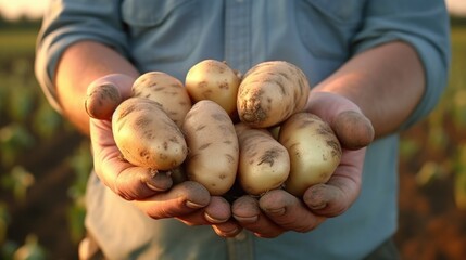 A man is seen holding a handful of potatoes. This image can be used to depict farming, agriculture, or cooking - obrazy, fototapety, plakaty
