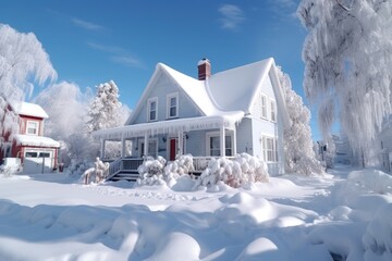 A house completely covered in snow and ice. Perfect for winter-themed projects and holiday designs
