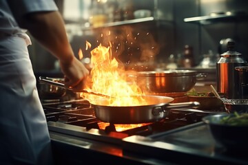 A person is cooking food on a stove in a kitchen. This image can be used to showcase cooking, culinary skills, and home cooking