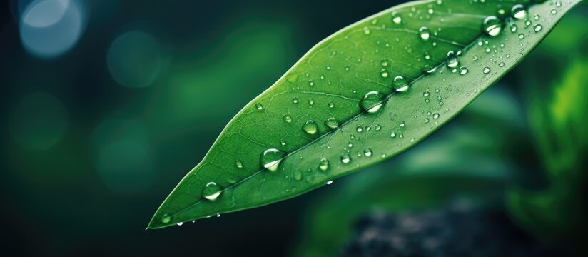 Art abstract spring background natural green leaf with rain drop after the storm at rainforest leaves green background with rain drop top view of green leaf in the garden fat lay. Copy space image