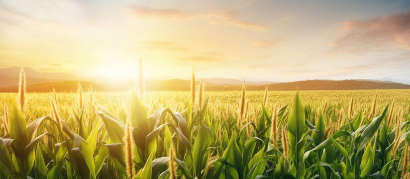 Beautiful morning sunrise over the corn field. Copy space image. Place for adding text or design