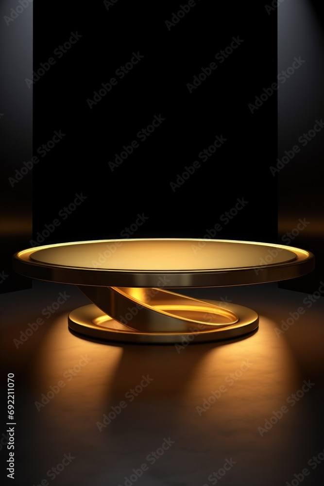 Poster A round table with a gold base is depicted in a dark room. This image can be used to showcase elegant interior designs or to symbolize a gathering or meeting in a sophisticated setting