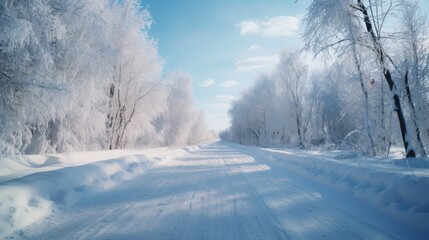 Obraz na płótnie Canvas A picturesque snow-covered road winding through a serene forest. Perfect for winter-themed projects or nature-related designs