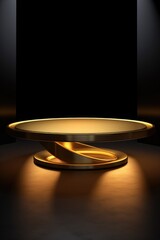A round table with a gold base is depicted in a dark room. This image can be used to showcase elegant interior designs or to symbolize a gathering or meeting in a sophisticated setting