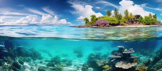 Beautiful Colorful Rich Coral Reefs of Yabiji Miyako Island Okinawa in Crystal Clear Water. Copy space image. Place for adding text or design