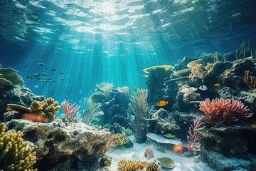 A vibrant coral reef teeming with a variety of fish. Perfect for underwater exploration and marine life enthusiasts