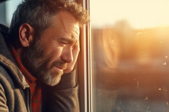 A man is seen looking out a window at the sun. This image can be used to depict contemplation, hope, or enjoying a sunny day