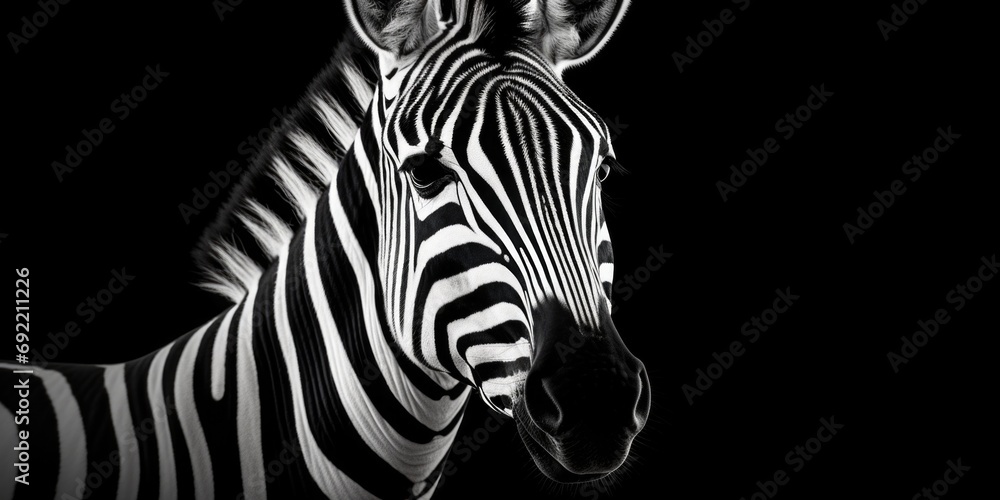 Poster a black and white photo of a zebra. suitable for various uses