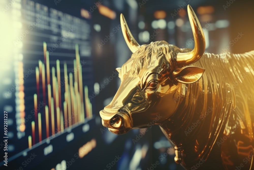 Aufkleber a gold bull statue is depicted in front of a stock chart. this image can be used to represent financ