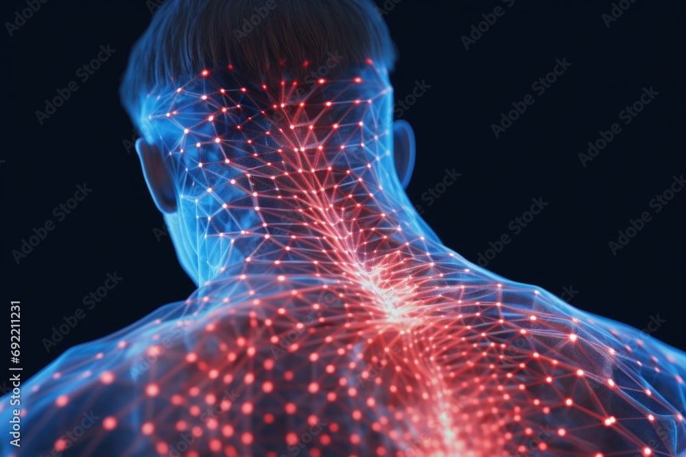 Poster a man's back with glowing lines. versatile image for various uses