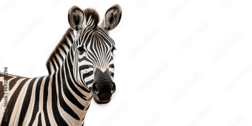 Poster zebra standing in front of a plain white background. suitable for various design projects