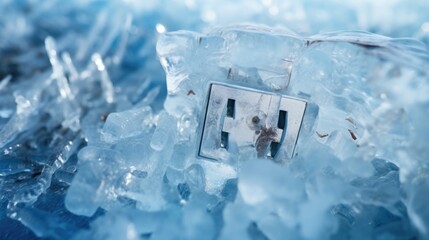 A close-up photograph of a clock frozen in a block of ice. Perfect for illustrating the concept of...