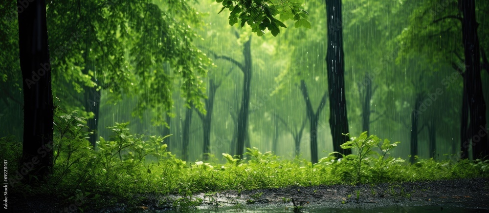 Poster beautiful heavy summer rain forest scene with green trees and raining. copy space image. place for a