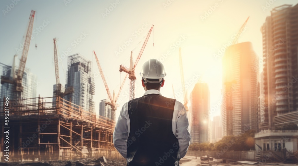 Poster a man wearing a hard hat standing in front of a construction site. suitable for illustrating constru