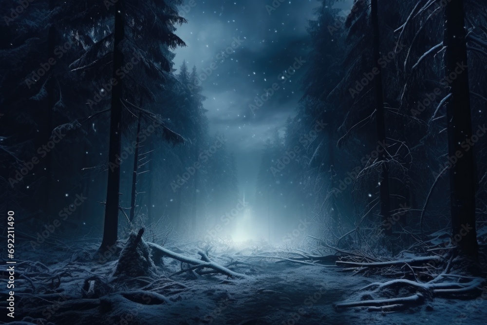 Poster a mysterious dark forest with a captivating light at the end. perfect for conveying a sense of myste