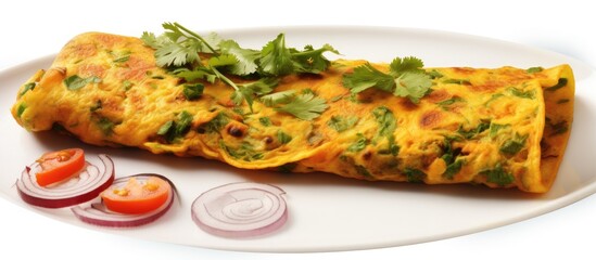 Besan chilla or chickpea pancakes These are protein rich savoury pancakes made of besan flour or chick pea flour with onions tomato green chili and coriander leaves Shot on white backdrop