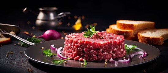 Beefsteak tartar with red onion rings ready to eat with toasted bread. Copy space image. Place for adding text or design