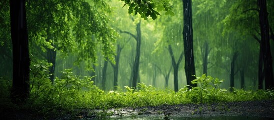 Beautiful heavy summer rain Forest scene with green trees and raining. Copy space image. Place for adding text or design - obrazy, fototapety, plakaty