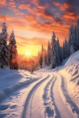A snow-covered road winding through a serene forest. Perfect for winter-themed designs and travel advertisements