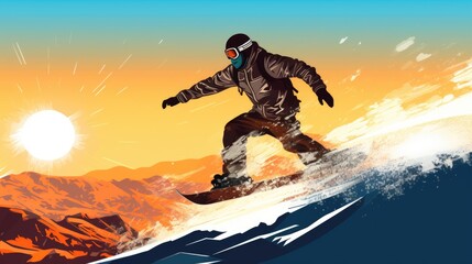 A man riding a snowboard down a snow covered slope. This picture can be used to showcase winter sports and outdoor activities