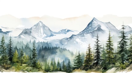 A painting depicting a serene mountain scene with tall pine trees. Perfect for nature lovers or those seeking a peaceful atmosphere. Can be used as a backdrop or for creating a calming ambiance
