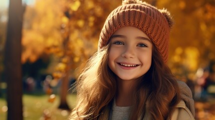 A young girl wearing a hat and smiling. Suitable for various uses