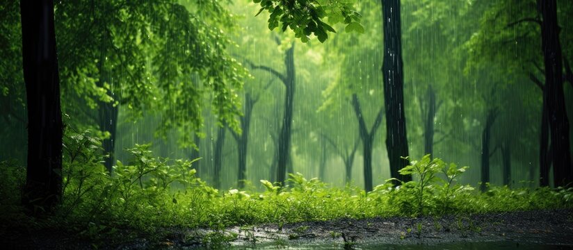 Beautiful heavy summer rain Forest scene with green trees and raining. Copy space image. Place for adding text or design