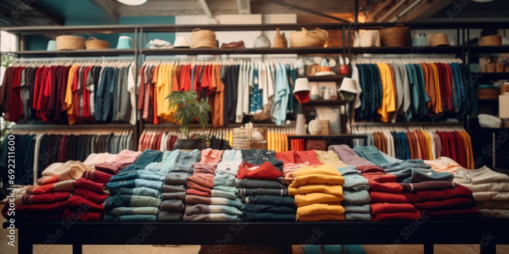 Wall mural A table showcasing a variety of different colored shirts. Perfect for clothing store advertisements or fashion blog backgrounds