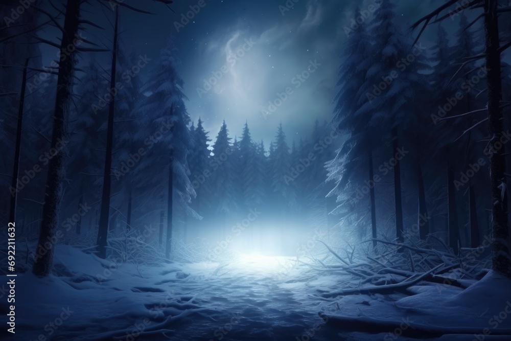 Poster a serene and captivating image of a snowy forest at night with a full moon illuminating the sky. per