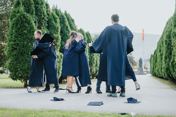 College friends celebrate graduation in park. Gowns, caps, throwing caps, faculty colleagues,...