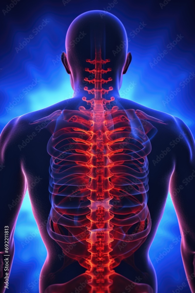 Poster A picture of a man's back with a highlighted spine. This image can be used for medical or educational purposes