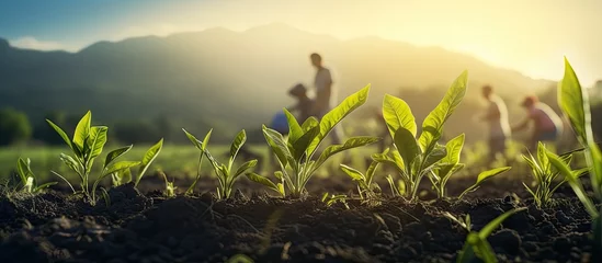 Poster Agriculture Farmer are working in young green corn growing on the field at sun rises in the morning Growing young green corn seedling sprouts in cultivated agricultural farm field. Copy space image © Ilgun