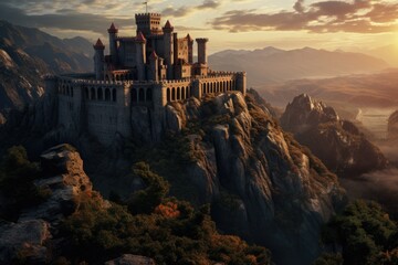 A majestic castle perched atop a towering mountain. Ideal for travel brochures or fantasy-themed designs