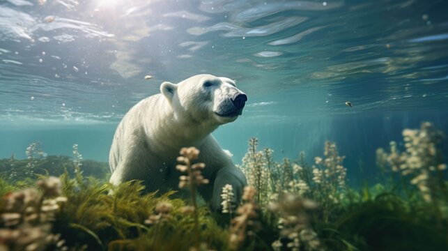 A polar bear swimming in the water near some plants. This image can be used to depict wildlife, nature, and the natural habitat of polar bears
