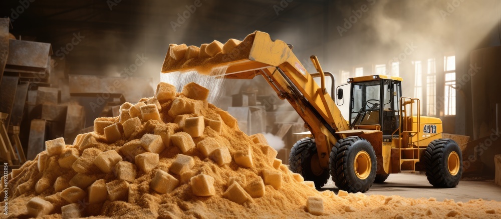 Poster backhoe standing on pile of raw brown sugar inside a warehouse bulk sugar handling and transportatio