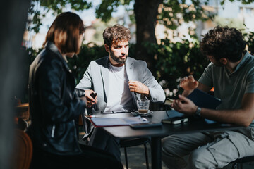 Diverse business professionals meet at a coffee bar in the city to discuss expansion, innovation, and marketing strategies. They analyze project costs, investment risks, and profit margins.