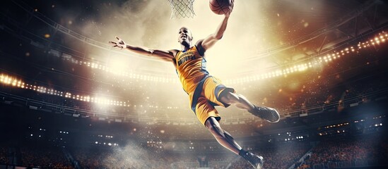 Basketball player on big professional arena during the game Basketball player makes slam dunk Player wears unbranded clothes. Copy space image. Place for adding text or design - obrazy, fototapety, plakaty