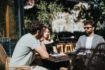 A diverse group of business professionals discussing strategies for business growth and expansion. They analyze competitive analysis, gather information, and identify new opportunities for success.