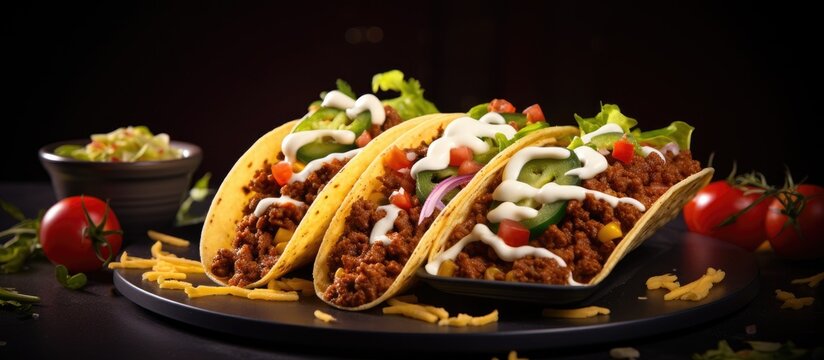 beef tacos served with golden French fries. Copy space image. Place for adding text or design