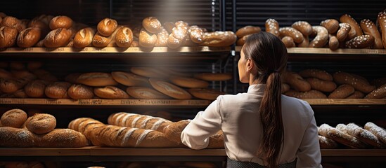 attractive female baker between shelves looking and checking freshly baked bread very carefully bakery industry. Copy space image. Place for adding text or design - obrazy, fototapety, plakaty