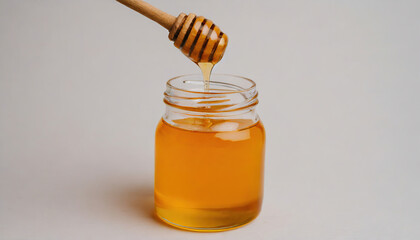 Honey in a glass jar with a wooden spoon dipper